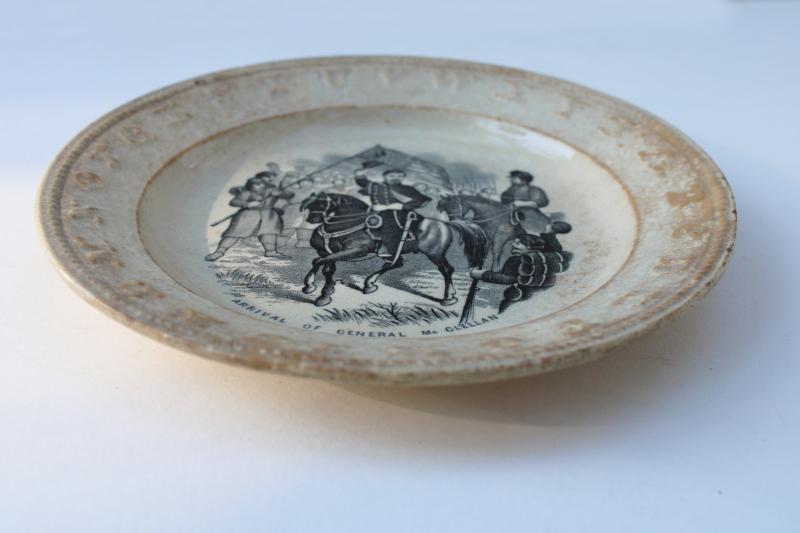 photo of antique child's ABC plate, black transferware historic scene engraving Civil War soldiers #5