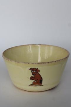 catalog photo of antique child's porridge bowl w/ baby animals & puppy dog, vintage Roseville pottery