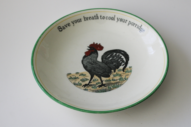 photo of antique child's bowl w/ rooster, Edwardian vintage motto ware Save Your Breath To Cool Your Porridge  #1