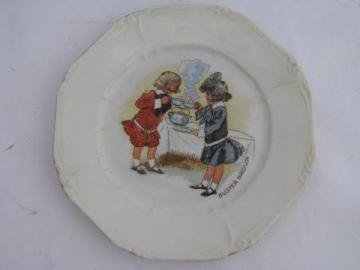 catalog photo of antique child's plate w/ old Buster Brown illustration, vintage baby nursery china