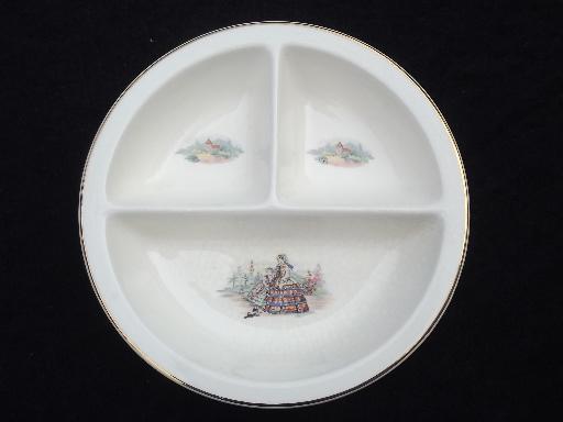 photo of antique china baby feeding dish, divided bowl w/ Victorian lady and girl #1