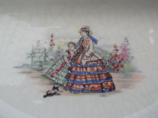 photo of antique china baby feeding dish, divided bowl w/ Victorian lady and girl #2