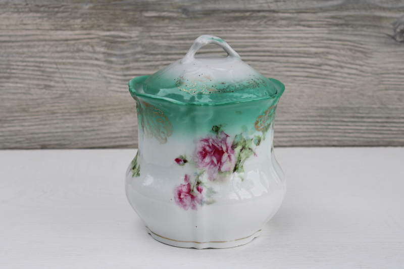 photo of antique china biscuit jar, Victorian floral pink roses w/ shaded green turn of the century vintage #1
