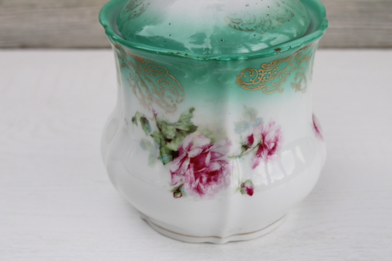 photo of antique china biscuit jar, Victorian floral pink roses w/ shaded green turn of the century vintage #2