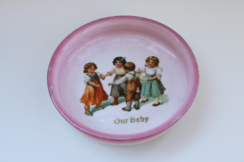 photo of antique china bowl Our Baby dish pink luster w/ Victorian children turn of the century vintage #1