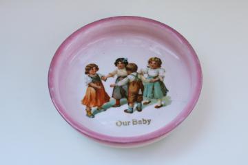 catalog photo of antique china bowl Our Baby dish pink luster w/ Victorian children turn of the century vintage