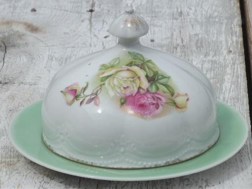 photo of antique china butter dome covers w/ roses on green porcelain plates  #5