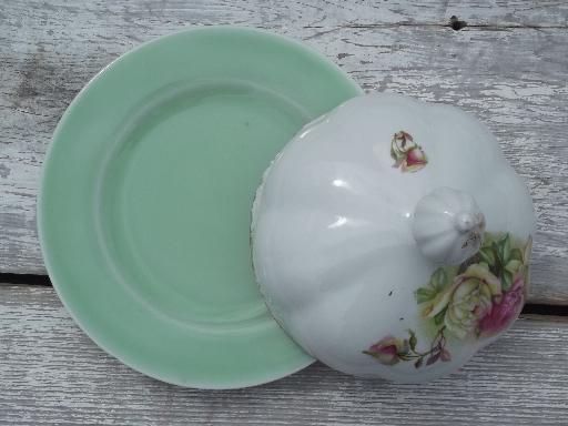 photo of antique china butter dome covers w/ roses on green porcelain plates  #6