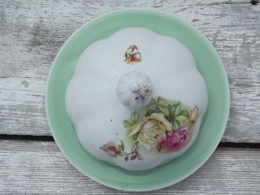 photo of antique china butter dome covers w/ roses on green porcelain plates  #7