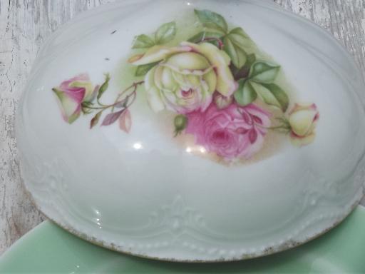 photo of antique china butter dome covers w/ roses on green porcelain plates  #8