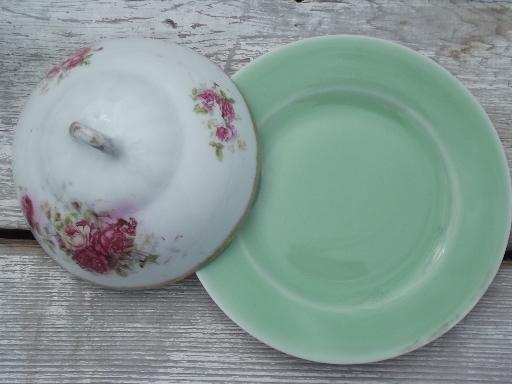 photo of antique china butter dome covers w/ roses on green porcelain plates  #11