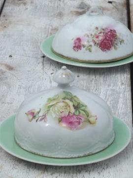 catalog photo of antique china butter dome covers w/ roses on green porcelain plates 