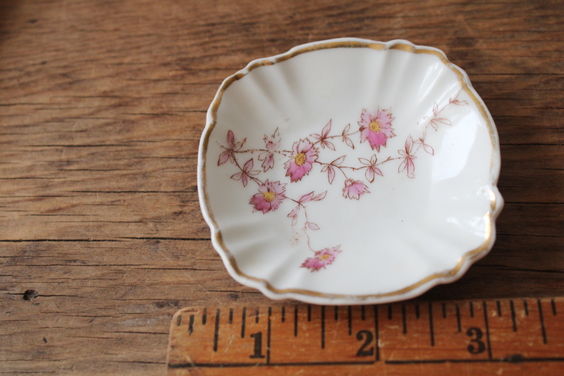 photo of antique china butter pat, tiny plate late 1800s vintage brown & pink floral transferware #2