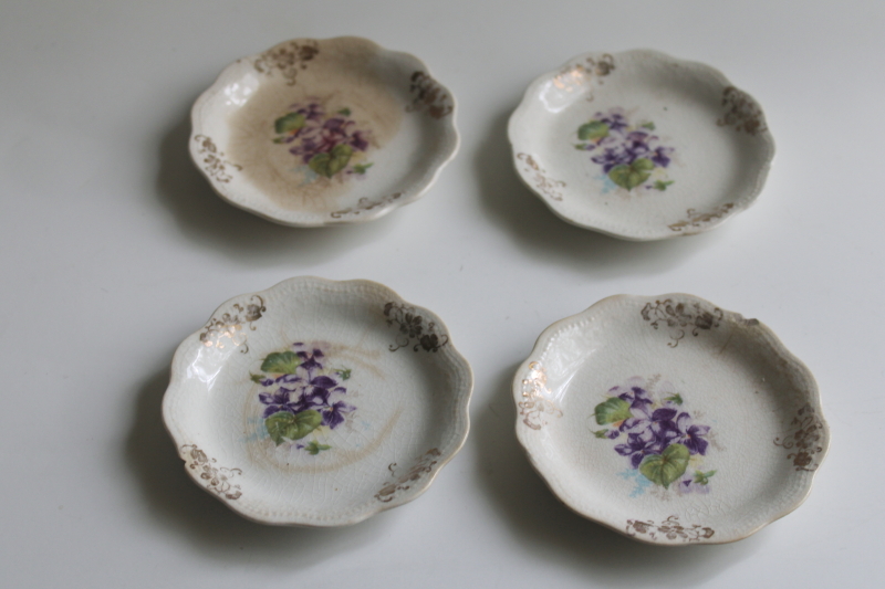 photo of antique china butter pats, shabby stained crazed ironstone tiny plates w/ violets  #1