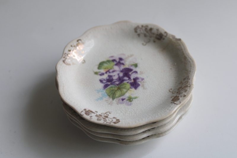 photo of antique china butter pats, shabby stained crazed ironstone tiny plates w/ violets  #2