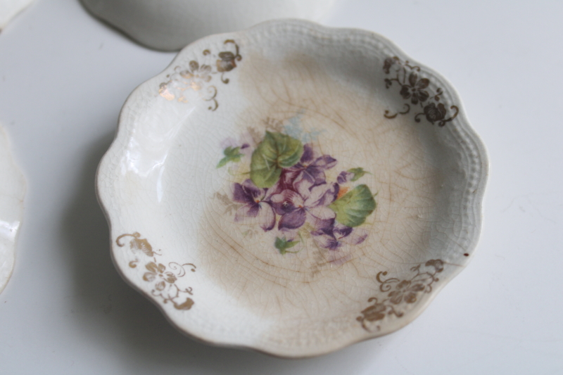 photo of antique china butter pats, shabby stained crazed ironstone tiny plates w/ violets  #4