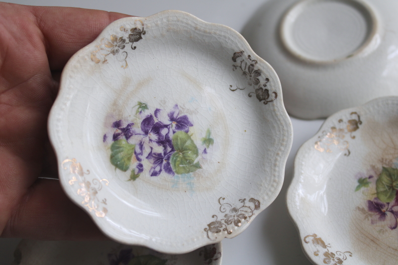 photo of antique china butter pats, shabby stained crazed ironstone tiny plates w/ violets  #5