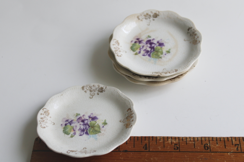 photo of antique china butter pats, shabby stained crazed ironstone tiny plates w/ violets  #6