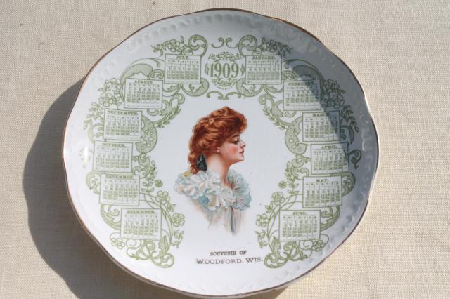 photo of antique china calendar plate vintage 1909  w/ Gibson girl lady portrait red haired beauty #1