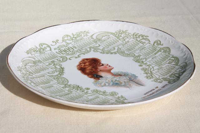 photo of antique china calendar plate vintage 1909  w/ Gibson girl lady portrait red haired beauty #2