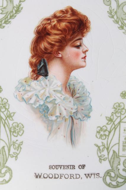 photo of antique china calendar plate vintage 1909  w/ Gibson girl lady portrait red haired beauty #3