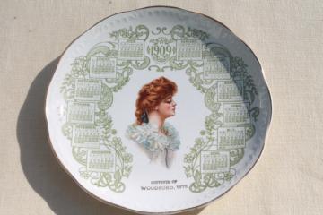 catalog photo of antique china calendar plate vintage 1909  w/ Gibson girl lady portrait red haired beauty