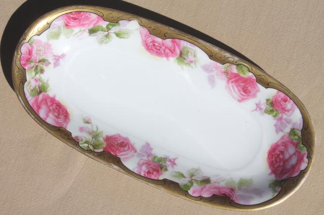 photo of antique china celery dish w/ painted roses & gold, long oval bowl for desk tray or vanity table #1