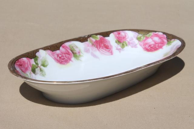 photo of antique china celery dish w/ painted roses & gold, long oval bowl for desk tray or vanity table #2