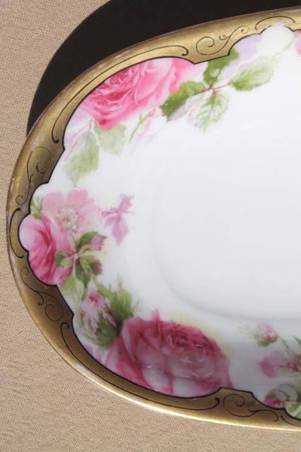 photo of antique china celery dish w/ painted roses & gold, long oval bowl for desk tray or vanity table #4