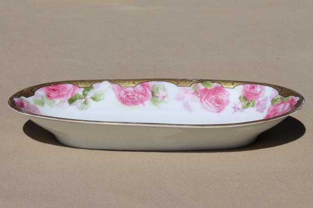 photo of antique china celery dish w/ painted roses & gold, long oval bowl for desk tray or vanity table #5