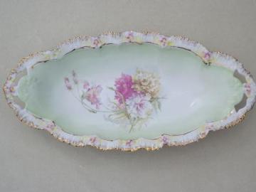 catalog photo of antique china celery tray w/ fancy painted flowers & porcelain ruffle