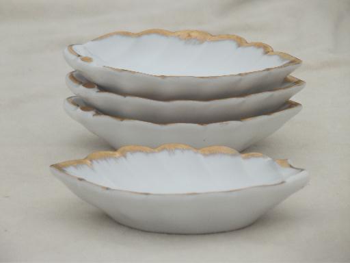 photo of antique china condiment dishes, old gold edged leaf dishes white porcelain #4