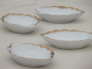 catalog photo of antique china condiment dishes, old gold edged leaf dishes white porcelain