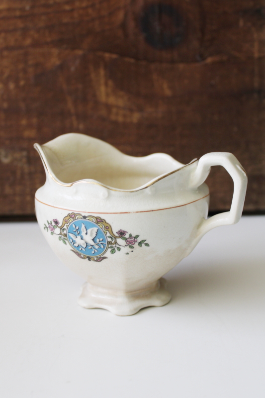 photo of antique china cream pitcher w/ pair of white doves, shabby vintage decor #1