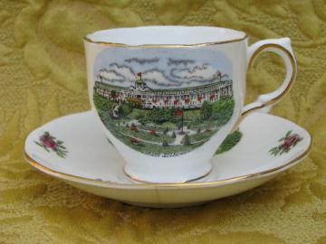 catalog photo of antique china cup and saucer set, illustrated Mackinac Island souvenir