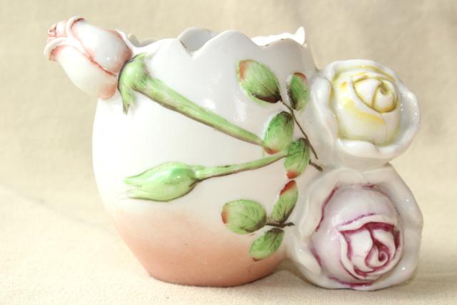 photo of antique china flower vase, eggshell Easter egg w/ roses, early 1900s vintage Germany #1