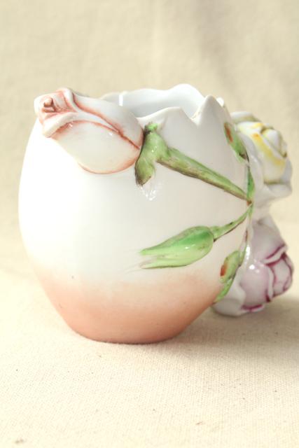 photo of antique china flower vase, eggshell Easter egg w/ roses, early 1900s vintage Germany #2