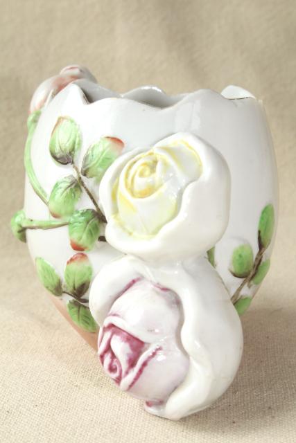 photo of antique china flower vase, eggshell Easter egg w/ roses, early 1900s vintage Germany #4