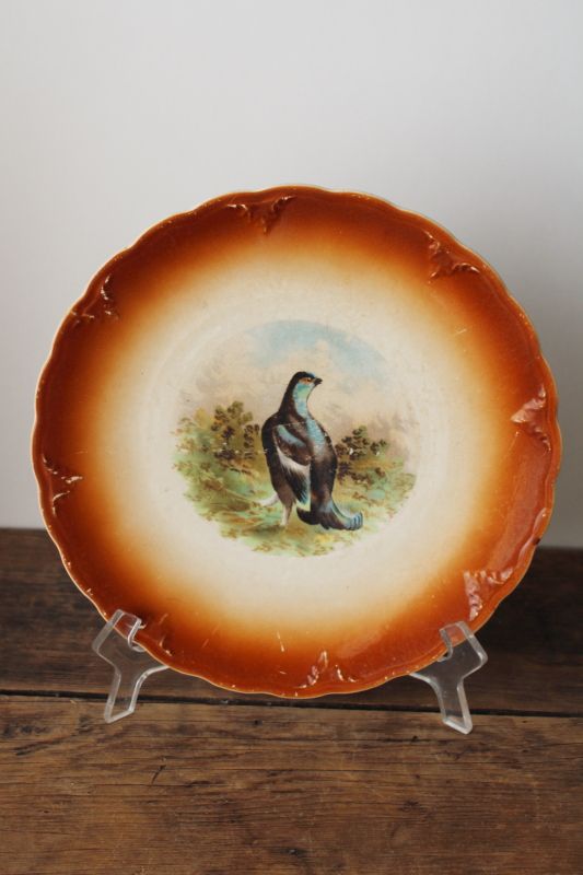 photo of antique china game bird grouse plate, shabby stained crazing 1800s vintage Petrus Ragout pottery  #1