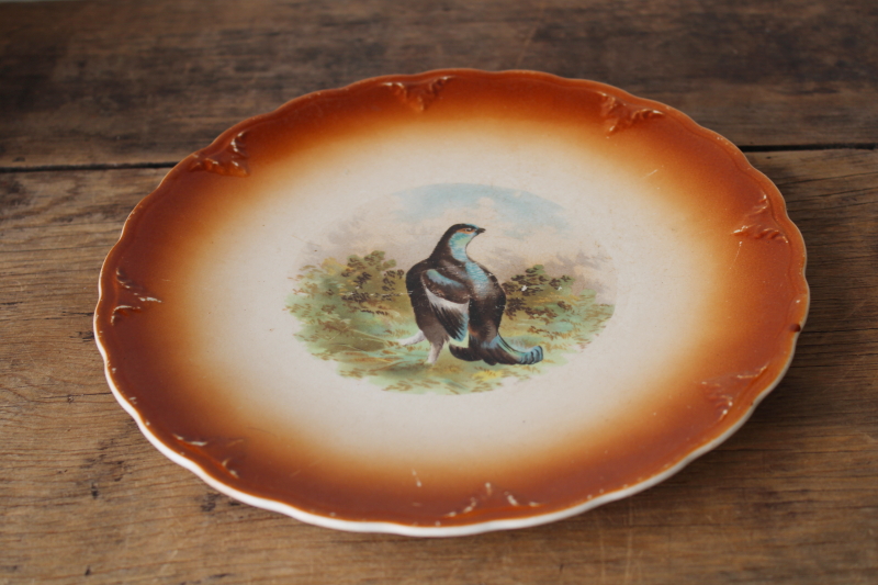 photo of antique china game bird grouse plate, shabby stained crazing 1800s vintage Petrus Ragout pottery  #3