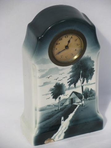 photo of antique china kitchen shelf clock, painted blue & white, vintage Germany? #1