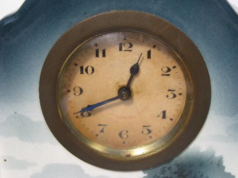 photo of antique china kitchen shelf clock, painted blue & white, vintage Germany? #4