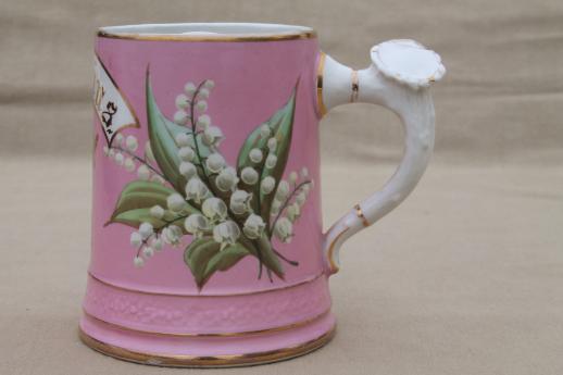 photo of antique china mustache cup, Victorian era mug w/ lily of the valley on pink #1