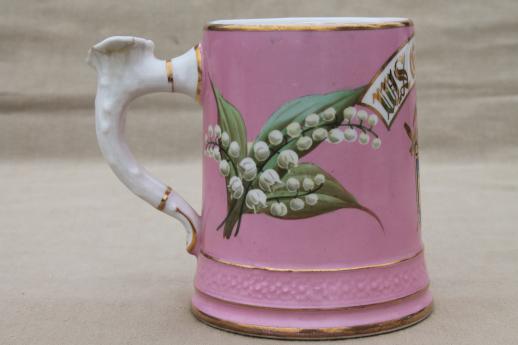 photo of antique china mustache cup, Victorian era mug w/ lily of the valley on pink #3