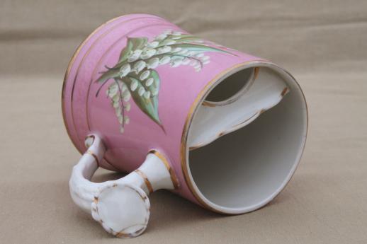 photo of antique china mustache cup, Victorian era mug w/ lily of the valley on pink #4