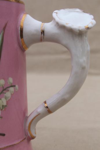 photo of antique china mustache cup, Victorian era mug w/ lily of the valley on pink #6