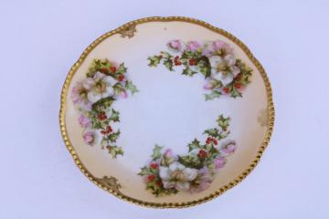 catalog photo of antique china plate w/ Christmas rose & holly, turn of the century vintage Prussia backstamp