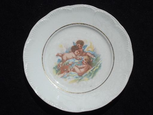 photo of antique china plate w/Victorian era print, fat baby cherubs angel babies #1