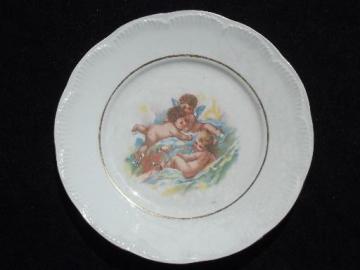 catalog photo of antique china plate w/Victorian era print, fat baby cherubs angel babies