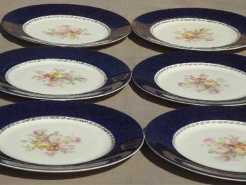 catalog photo of antique china plate chargers, cobalt blue gold lace filigree & floral